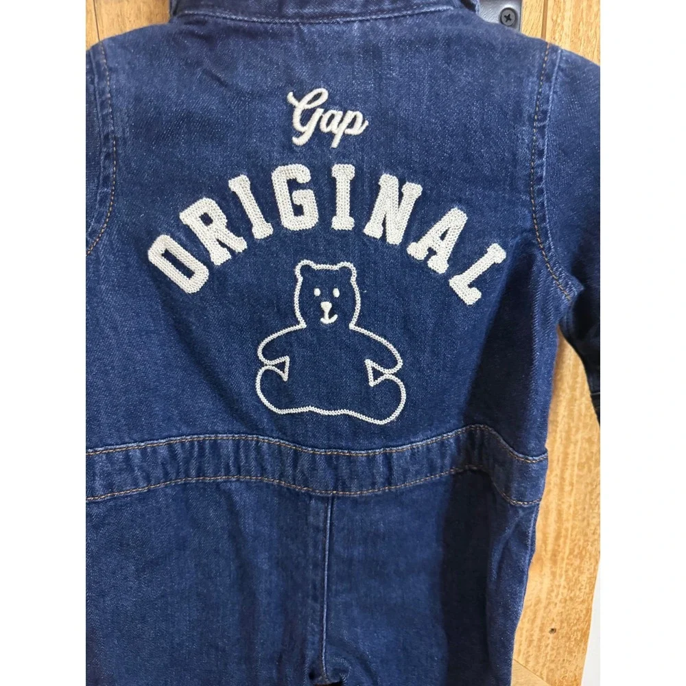 Baby Gap Denim Romper Dark Wash Bear Graphic One Piece Coverall 3-6 Months